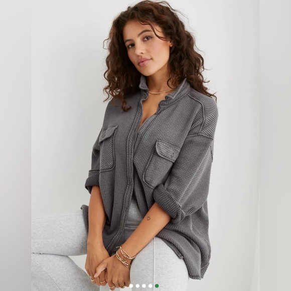 aerie Tops - Aerie Lumberjane Waffle Button Up Shirt Smoked Gray Medium Lounge Cozy Boho Sz M